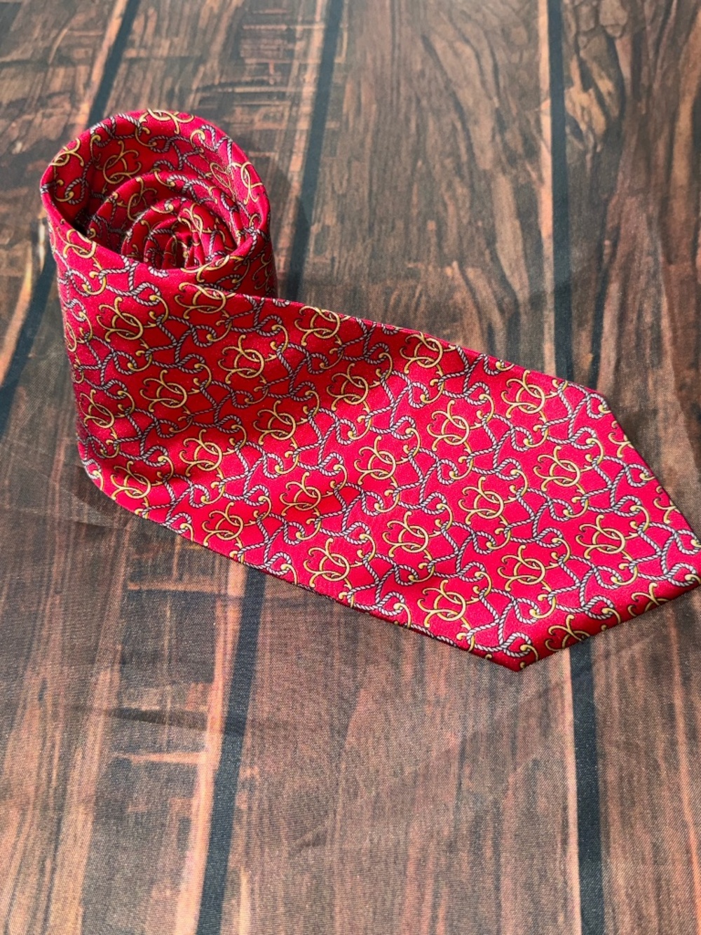 Luca Franzini Tie Rack Red Equestrian Rope Print Silk Necktie Italy 56”